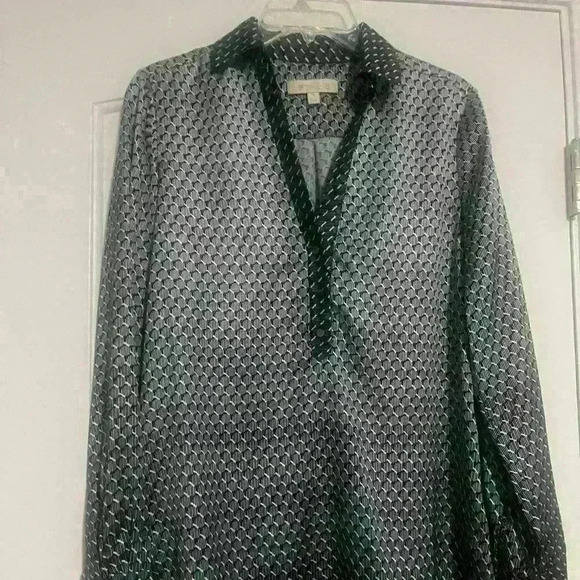 Etcetera Top Collar V Neck Shirt Long Slv Black White Silver Side Slits Sz 2 - Picture 1 of 6